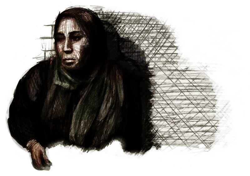 Fatima, a widowed mother. Her husband was killed along with all of his family in a massacre in their city a year and a half ago. Illustration: Marc Corrigan