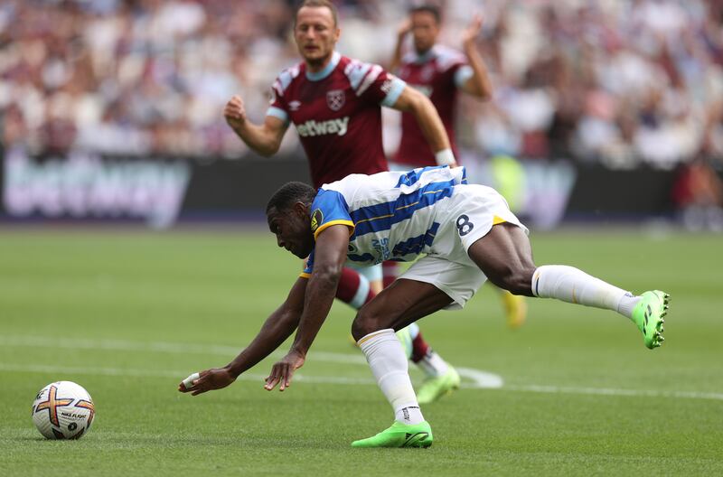 Danny Welbeck won a penalty after a foul by Thilo Lehrer of West Ham. Photograph: Alex Pantling/Getty Images