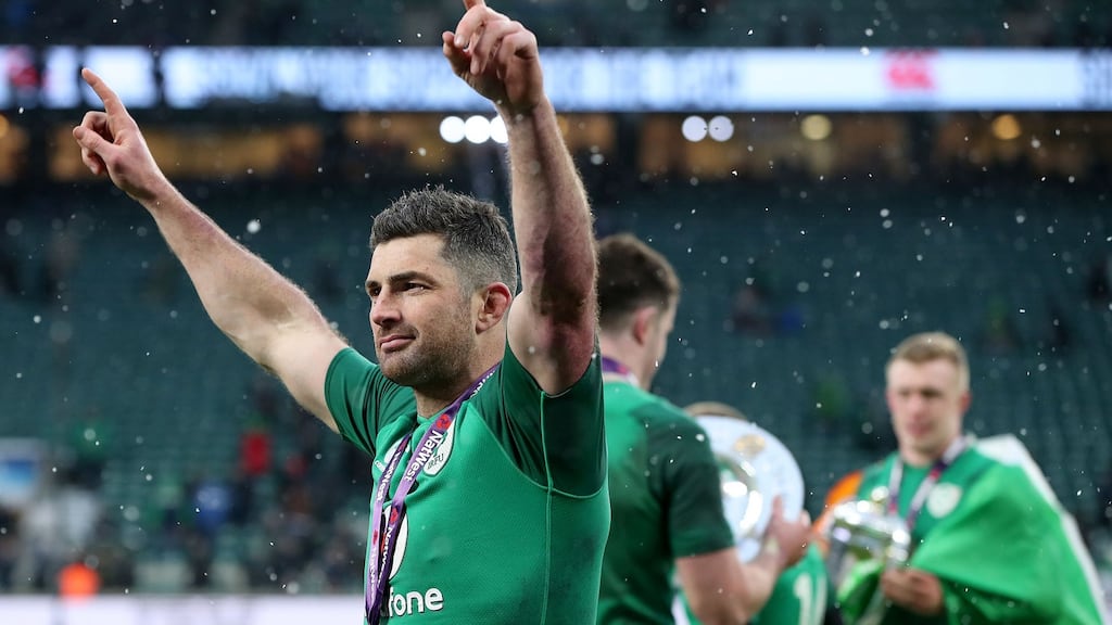 Rob Kearney celebrates Ireland’s Grand Slam success in 2018. Photograph: Bryan Keane/Inpho