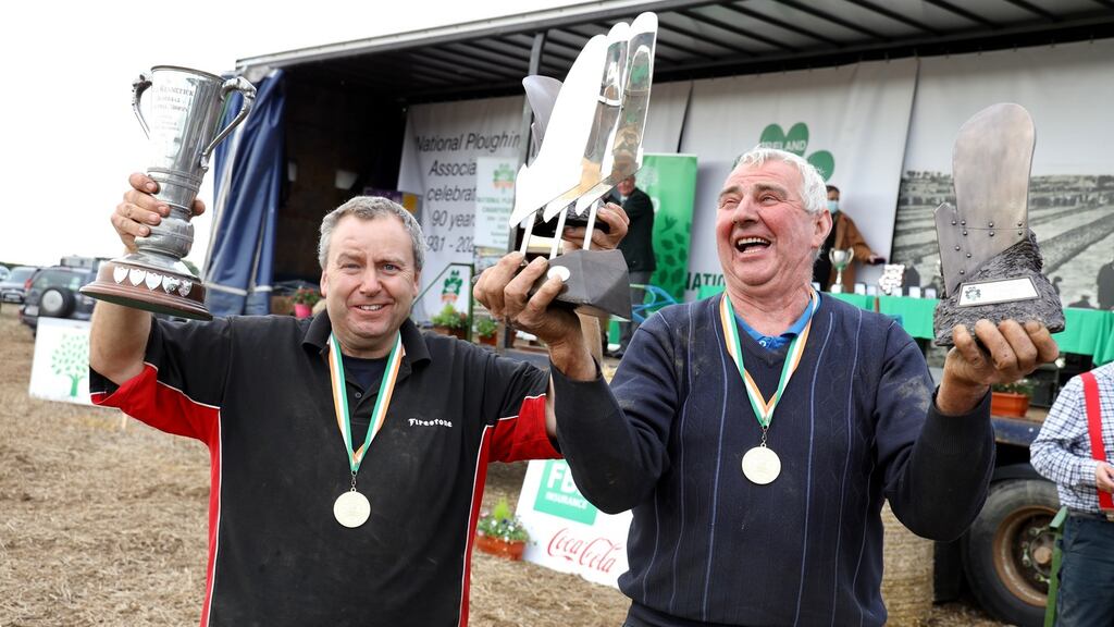 The  National Conventional Ploughing Champion Martin Kehoe and   National Reversible Ploughing Champion Dan Donnelly both from Wexford at the National Ploughing Championships at Ratheniska, Co Laois on Friday. Photograph: Alf Harvey