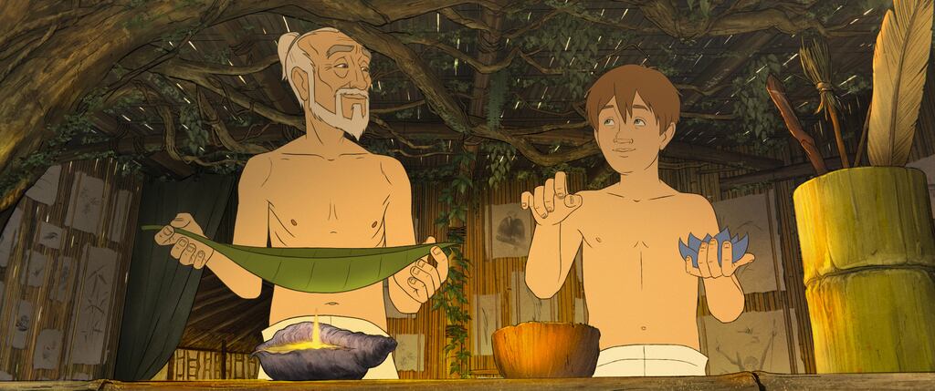 Kensuke (voiced by Ken Watanabe) and Michael Morpurgo (Aaron MacGregor). Image: Modern Films