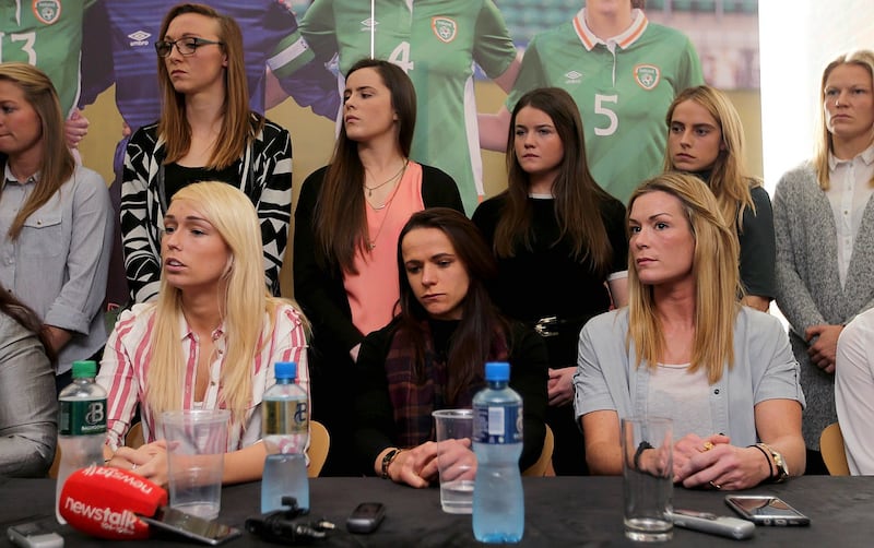 Republic of Ireland players at the press conference in Dublin in 2017 when they took a public stand against their shoddy treatment by the FAI. Photograph: Donall Farmer/Inpho
