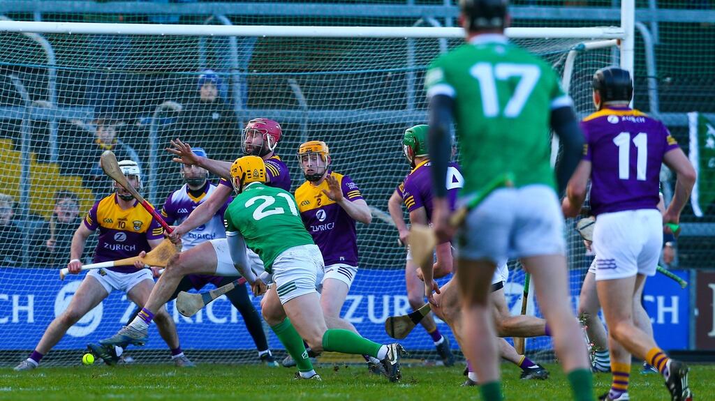 Limerick’s Seamus Flanagan shoots on goal in the final seconds. Photograph: Ken Sutton/Inpho
