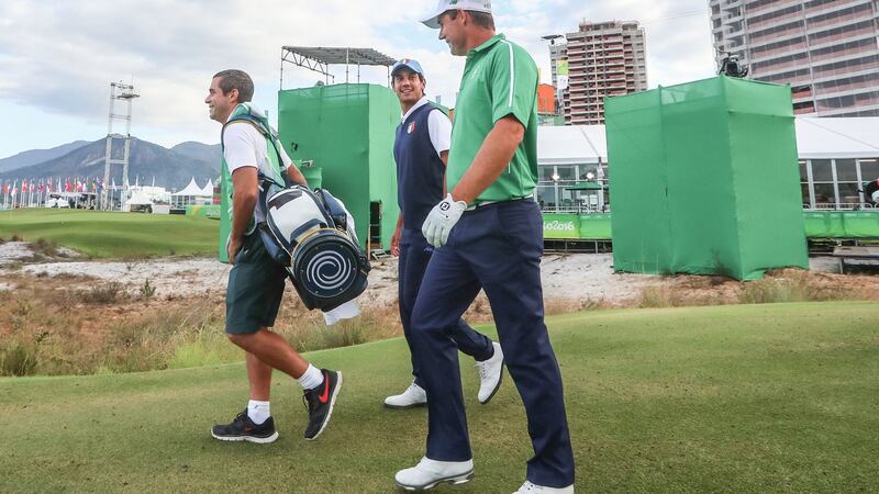 Matteo Manassero with Padraig Harrington during the 2016 Rio Olympics. Photograph: James Crombie/Inpho