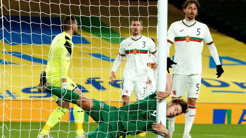James Collins collides with the post after an attempt on goal during the Uefa Nations League game against Bulgaria at the Aviva Stadium. Photograph: James Crombie/Inpho