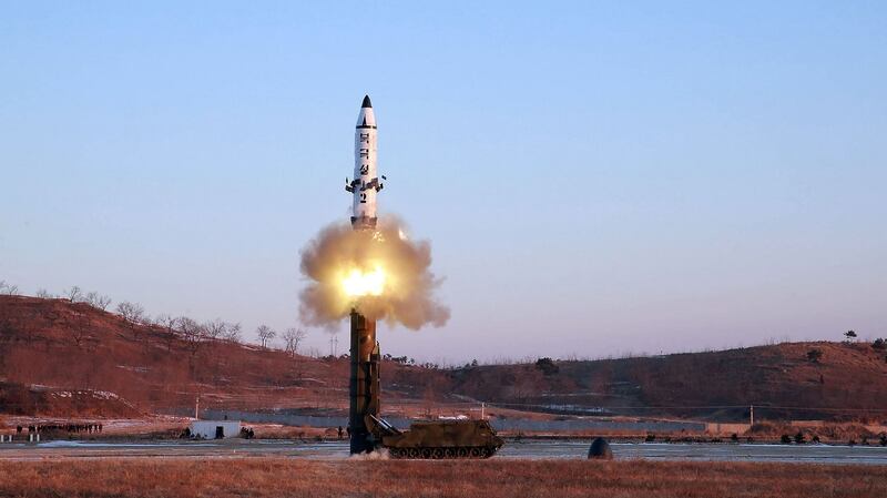 This photo taken on February 12th shows the launch of a surface-to-surface medium long-range ballistic missile Pukguksong-2 at an undisclosed location. Photograph: STR/Getty Images