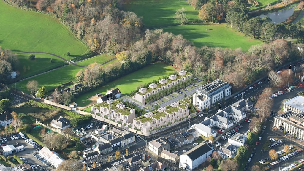 An aerial view of the Cabinteely village site shows the layout of the approved housing scheme.