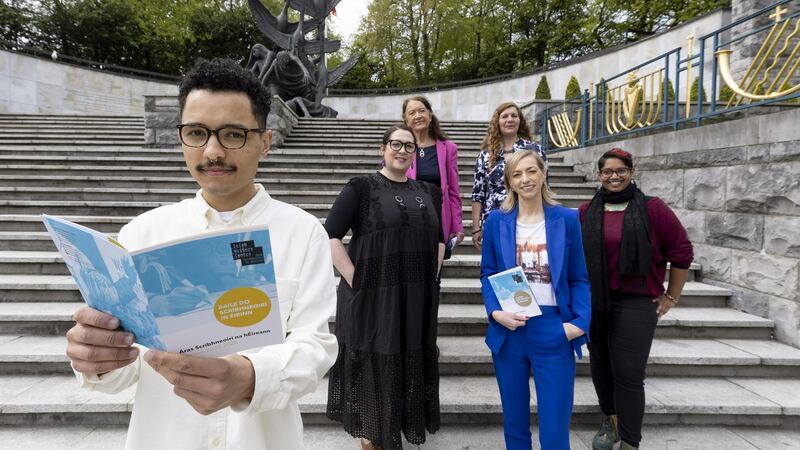 At the launch of the Irish Writers Centre 2022-2026 Strategy are Rafael Mendes, writer, member of New Irish Communities writing group; Olivia Fitzsimons, Novel Fair 2020 winner and author of The Quiet Whispers Never Stop; Éilís Ní Dhuibhne, IWC Ambassador and writer; Breda Brown, chair of the Irish Writers Centre; Valerie Bistany, director of the centre; and Chandrika Narayanan-Mohan, board member and writer. Photograph: Andres Poveda
