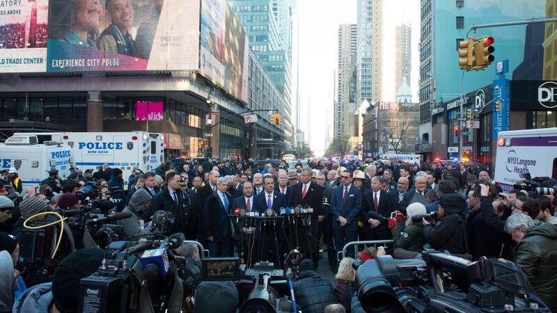 New York governor Andrew Cuomo and mayor Bill de Blasio at a press conference after police responded to an explosion at the Port Authority bus terminal in New York on Monday. Photograph: Bryan R Smith/AFP/Getty Images