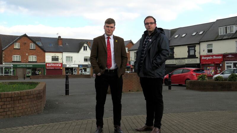 Labour’s Cameron Mitchell and Ashley Taylor in Shirebrook. Photograph: Jennifer O’Connell