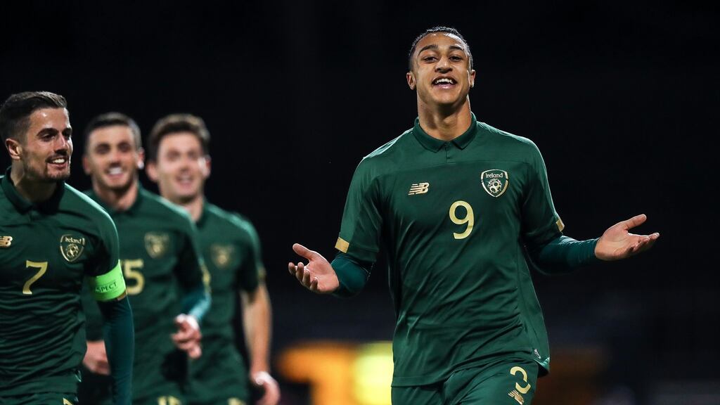 Republic of Ireland’s Adam Idah celebrates scoring against Sweden. Photograph: Ryan Byrne/Inpho