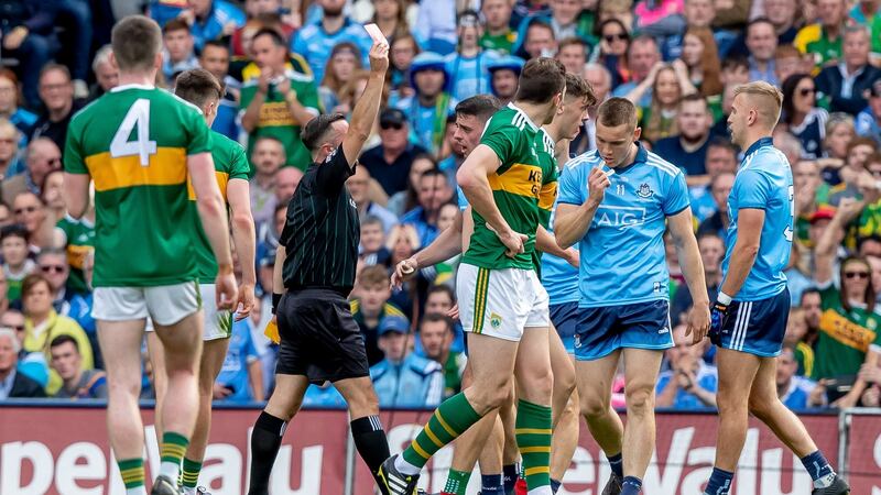 Jonny Cooper is shown a red card. Photo: Morgan Treacy/Inpho