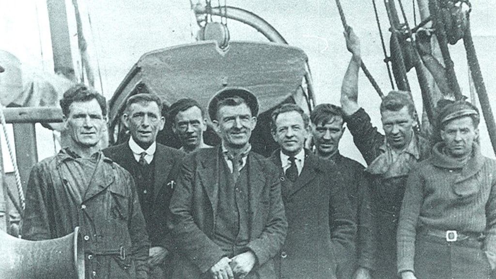 Lost at sea: the crew of the Arklow schooner Cymric at Ringsend dockyard in September 1943, including (third left) Michael Tierney, who encouraged Dermot Bolger’s father to become a sailor