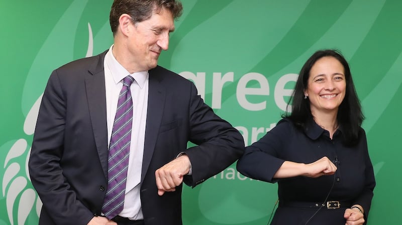 Eamon Ryan, who retained his leadership of the Green Party by 994 votes to 946, and deputy leader Catherine Martin in a Dublin hotel after the leadership contest result was announced. Photograph: Brian Lawless/PA Wire