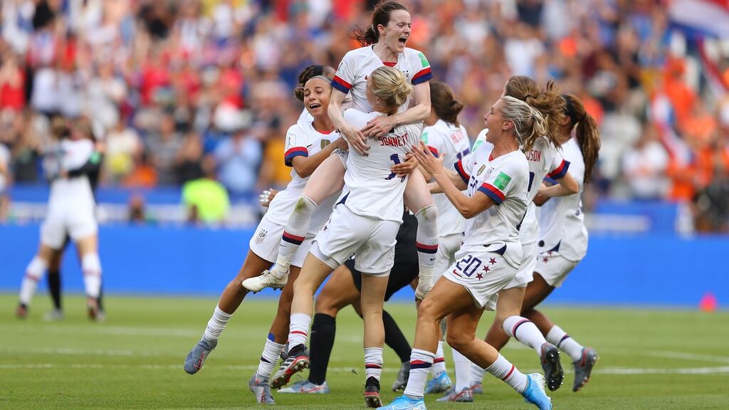 The USA celebrate Rose Lavelle’s goal in their World Cup final win over the Netherlands. Photograph: Richard Heathcote/Getty
