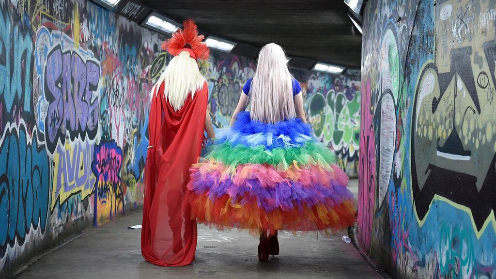 Miz Tasty and Red Scarlet taking part in the Belfast Pride parade. Photograph: Michael Cooper/PA Wire