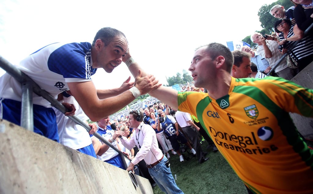 Donegal’s Karl Lacey (right) congratulates Monaghan’s Paul Finlay after the Ulster final. Photograph: Donall Farmer/Inpho
