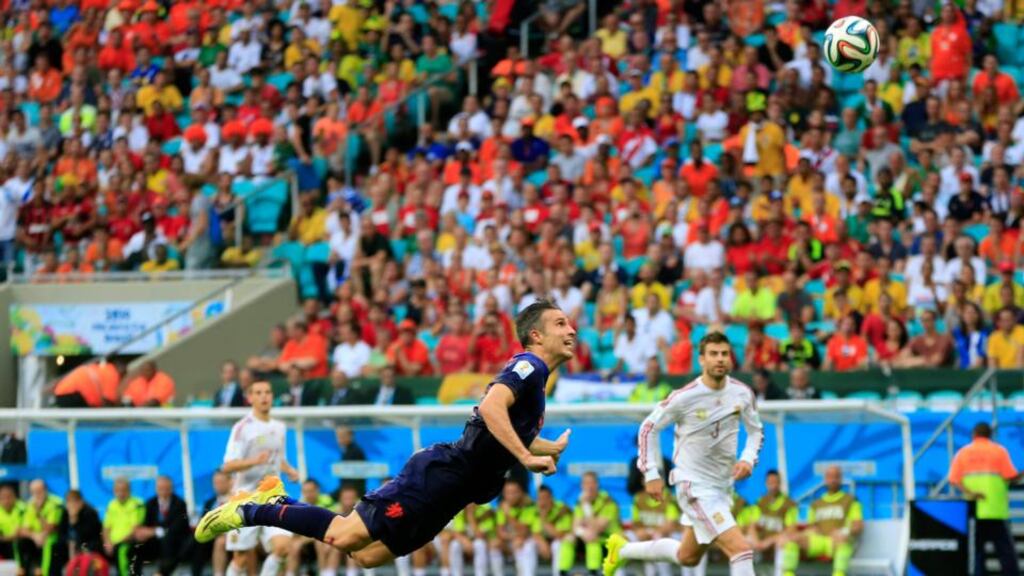 Netherlands’ Robin van Persie scores a sublime goal during the match against Spain. The Dutch striker returns from suspension for the last-16 tie with Mexico. Photograph: AP/Bernat Armangue