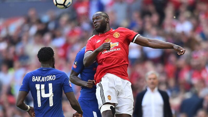 Manchester United’s Belgian striker Romelu Lukaku wins a header after coming on at Wembley. Photograph: Getty Images