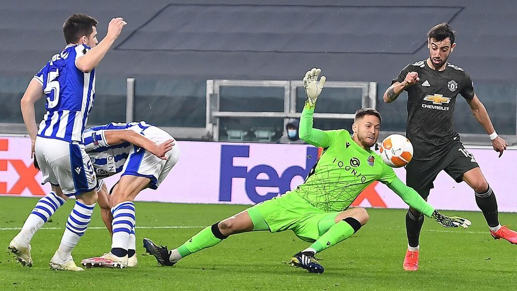 Manchester United’s Bruno Fernandes scored twice against Real Sociedad in Turin. Photograph: EPA