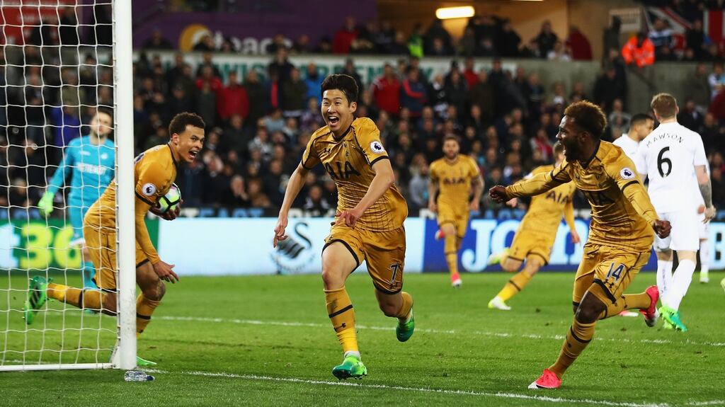 Son Heung-min scored Tottenham’s second as they came from behind to sink Swansea. Photograph: Michael Steele/Getty