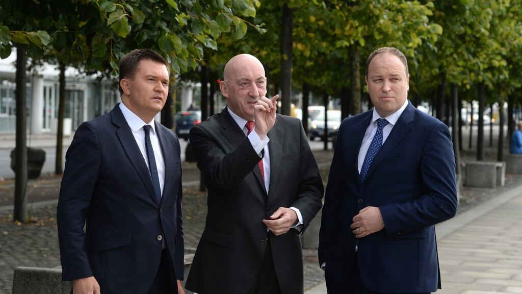 Glenveagh chief executive Justin Bickle, chairman John Mulcahy and chief operating officer Stephen Garvey,  at the company’s egm in Dublin. Photograph: Dara Mac Donaill