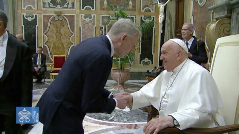 Patrick Kielty meeting Pope Francis at the Vatican in Rome. He was among a group of more than 100 international comedians to meet with the pontiff. Photograph: Screengrab from Vatican News video
