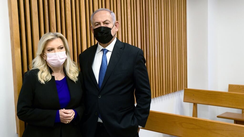 Former Israeli prime minister Benjamin Netanyahu and his wife, Sara, in court. Photograph: Avshalom Sassoni/Pool/EPA