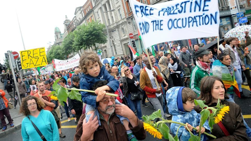 A march protesting the Israeli treatment of Gaza, organised by The Ireland Palestine Solidarity Campaign (IPSC) today, which started at the Garden of Remembrance and finished the Dept of Foreign Affairs on St Stephen’s Green. Pictured are Martin Whelan with his son Oisin (3). Photograph: Dave Meehan/The Irish Times