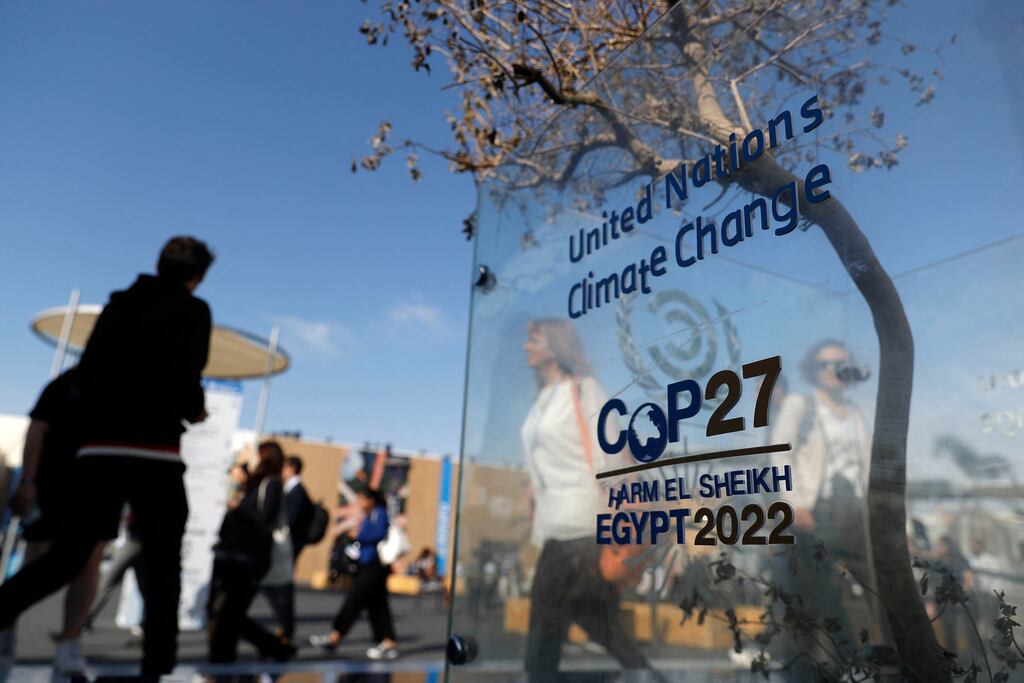 The outside of the Sharm el-Sheikh International Convention Centre during the Cop27 climate conference in Egypt. Photograph: Mohammed Abed/AFP via Getty Images