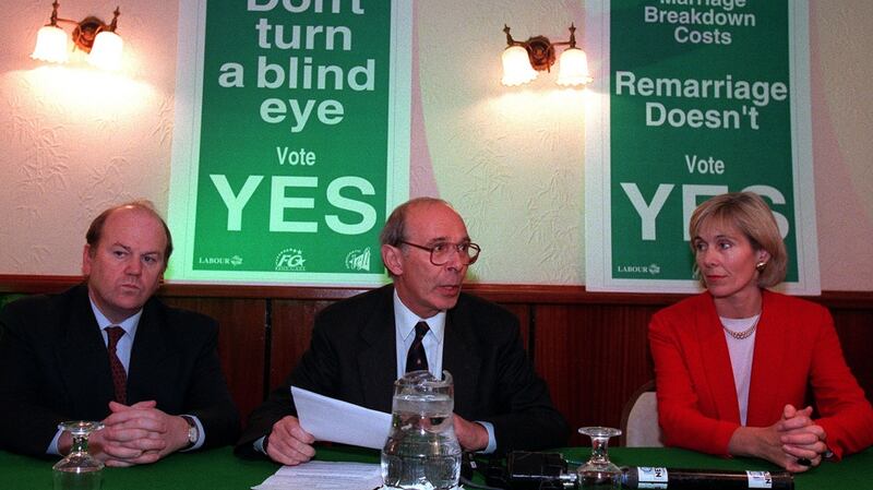 Mervyn Taylor (C) at the launch of a poster campaign for the divorce referendum in 1995. File photograph: David Sleator
