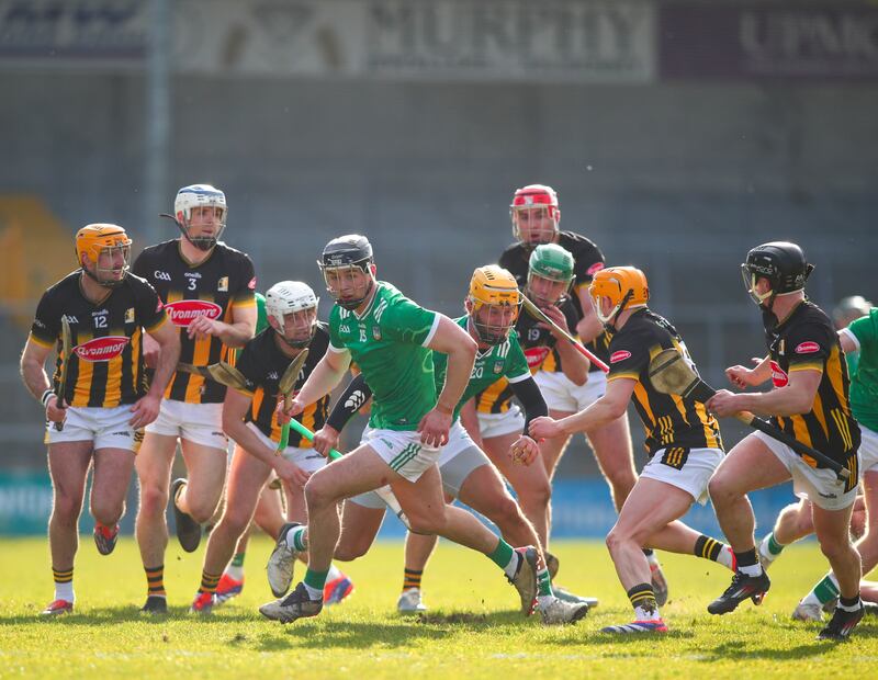 Kilkenny and Limerick players at close quarters during the game. Photograph: Ken Sutton/Inpho