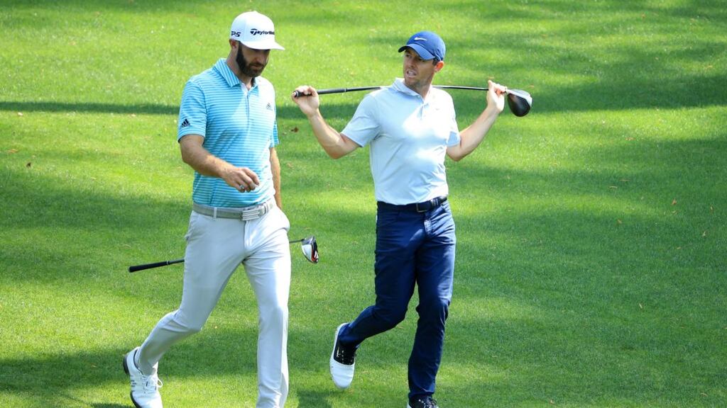 Rory McIlroy during a practice round with Dustin Johnson at Augusta National ahead of the Masters. Photograph: Andrew Redington/Getty Images