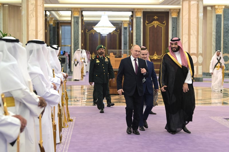 Russian president Vladimir Putin and Saudi Crown Prince Mohammed bin Salman attending a welcoming ceremony ahead of their talks in Riyadh on Wednesday. Photograph: Alexey Nikolsky/Getty Images