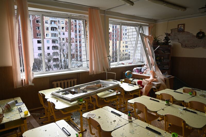 Among the buildings reported to be damaged across Ukraine were a maternity hospital, apartment blocks and schools. Photograph: Yuriy Dyachyshyn/AFP via Getty Images