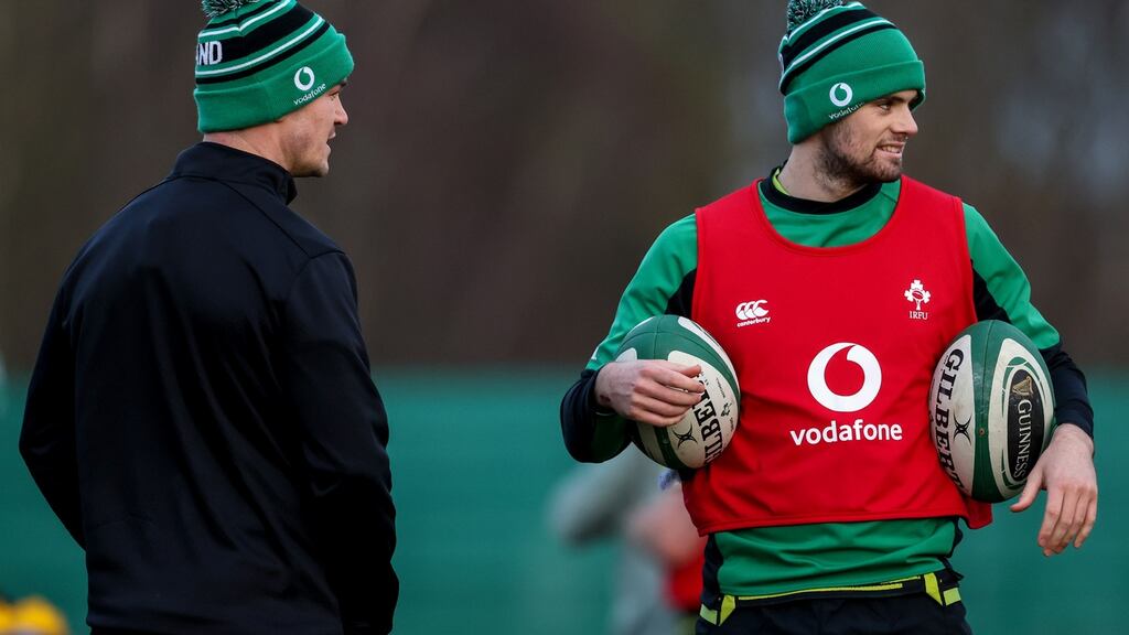 Johnny Sexton with Harry Byrne, whose injury profile means he remains on the outside looking in when it comes to the outhalf spot. Photograph: Dan Sheridan/Inpho