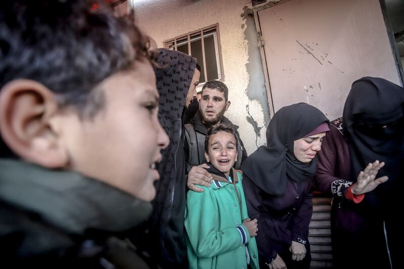 Palestinians attend the funeral of a victim of the Israeli airstrikes targeting residential areas east of Deir Al-Balah in the central Gaza Strip on Wednesday. Photograh: Saeed Jaras/Middle East Images/AFP via Getty Images