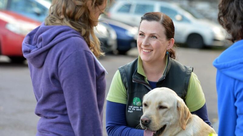 Cliodhna Ní Laoghaire, who trains guide dogs at the headquarters and training centre of Irish Guide Dogs for the Blind on the Model Farm Road in Cork, with guide dog in training, Milo. Photograph: Michael Mac Sweeney/ Provision