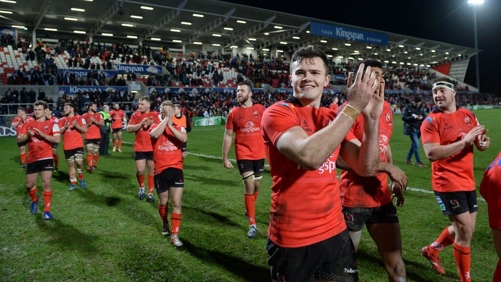 Jacob Stockdale’s brace of tries helped Ulster to a famous win over Racing 92. Photograph: Charles McQuillan/Getty
