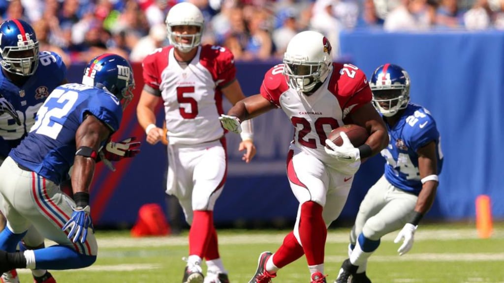 Arizona Cardinals running back Jonathan Dwyer (right) is charged with aggravated assault in connection with two alleged incidents of domestic violence. Photograph: Brad Penner/Reuters