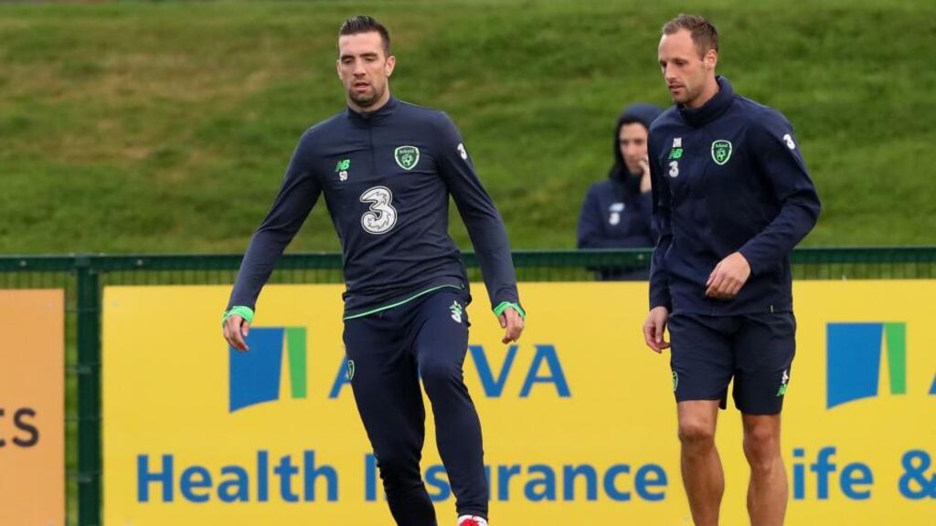 Republic of Ireland’s Shane Duffy and David Meyler during a training session at the FAI National Training Centre, Abbotstown. Photo: Niall Carson/PA Wire