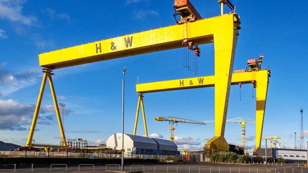 Samson and Goliath: Twin shipbuilding gantry cranes in the Titanic quarter in Belfast, Northern Ireland.