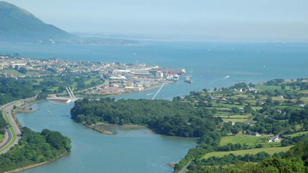 An artist’s impression of the 660m Narrow Water bridge, which would span the neck of Carlingford Lough and would link Down and Louth just outside Warrenpoint to the north and Omeath to the south. The bridge could also open to allow boats to access the Newry Canal and the Albert Basin in the city. Photograph: Department of the Environment, Northern Ireland.