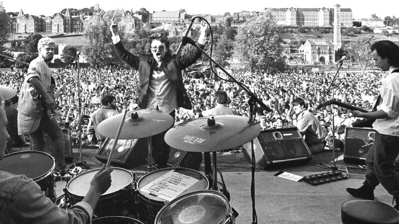 U2 make a surprise appearance at the RTE Radio 2 Lark by the Lee in Cork in 1985. Photograph: Matt Kavanagh