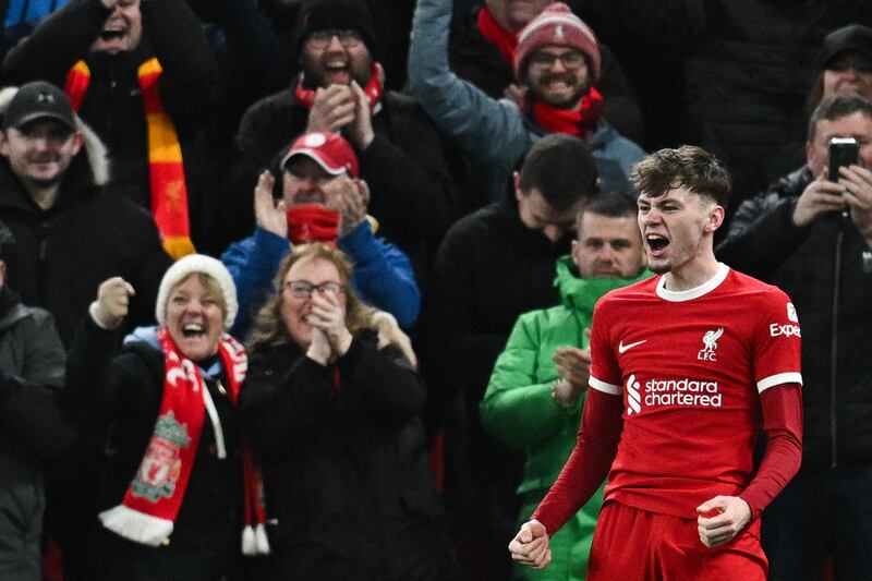 Conor Bradley celebrates scoring his first Liverpool goal during the win over Chelsea at Anfield in January. Photograph: Paul Ellis/AFP via Getty Images
