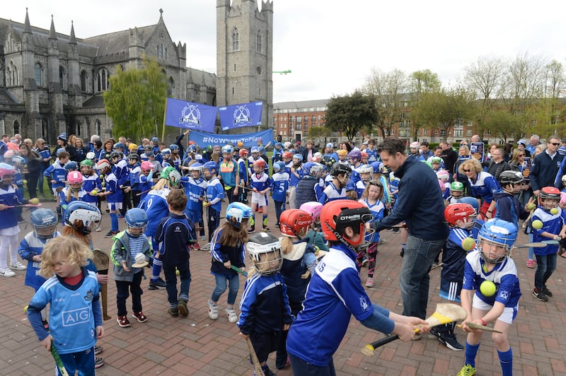 A flash mob of hurling and camogie players descended on St Patrick's Park in 2019 to highlight the lack of green space in Dublin 8. Photograph: Dara Mac Dónaill