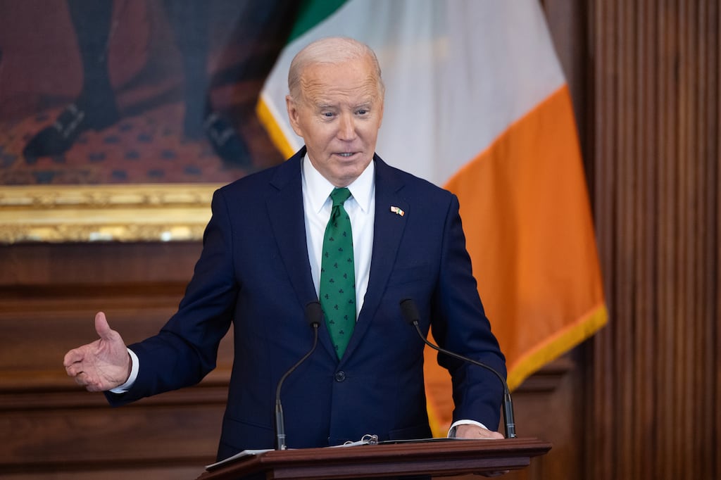 During his address to the annual Speaker’s Lunch at the US Capitol to mark St Patrick’s Day, Joe Biden asked both leaders to stand and for the room to acknowledge their contributions. Photograph: Tom Brenner/Getty Images
