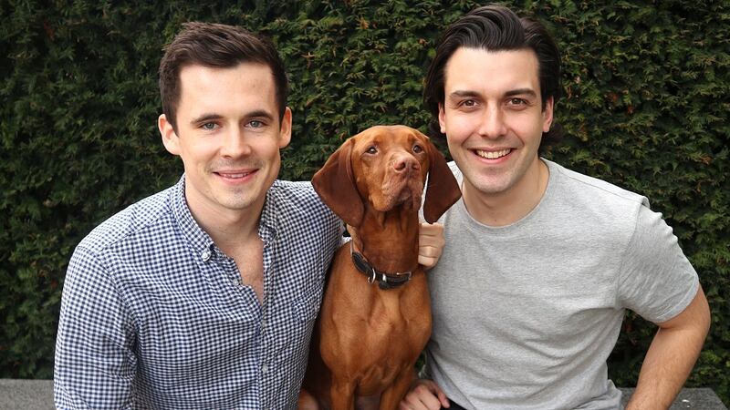 Kevin Glynn (left) and David Nolan, founders of Butternut Box, with Stanley the dog, who we've been reliably informed is a very good boye