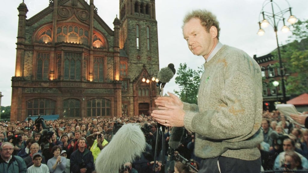 Sinn Fein’s Martin McGuinness addressing nationalists after the march in Londonderry outside the Guild Hall. File photograph: Brian Little/PA Wire