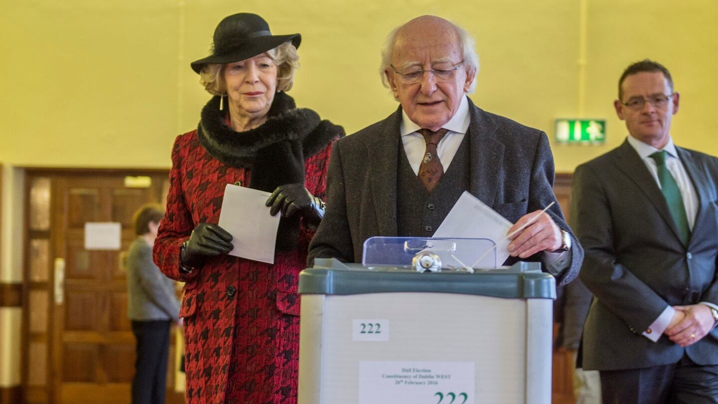 President Michael D Higgins and his wife Sabina cast their votes in the 2016 general election at St Mary’s Hospital in the Phoenix Park, Dublin on Friday morning. Photograph: Brenda Fitzsimons/The Irish Times